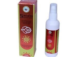 Sun Run sunscreen lotion SPF 50 with broad spectrum protection for skin.