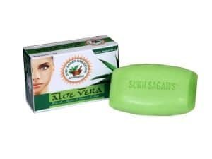 Green Aloe Vera herbal soap with packaging from Sukh Sagar Dawakhana.