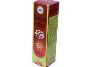 Sun Run sunscreen lotion SPF 50 for UV protection and skin care.